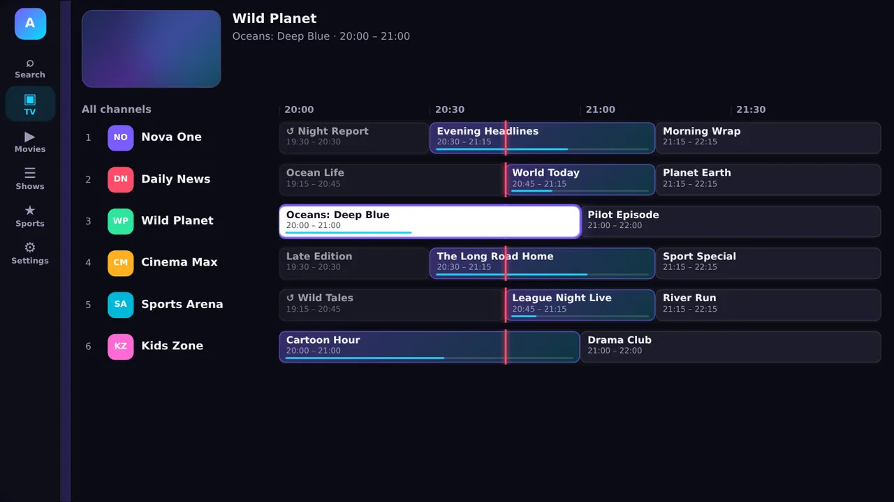 The AMP PRO TV guide: a time grid of channels with a red now-line